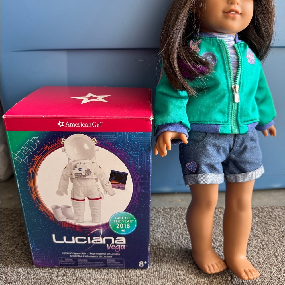 American Girl Doll with Green Jacket and Denim Shorts